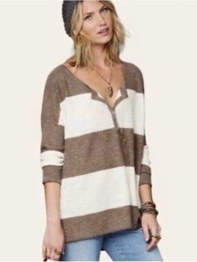 Free People Beach Gold Rush Oversized Henley Tunic Brown & Cream Stripe Size SP